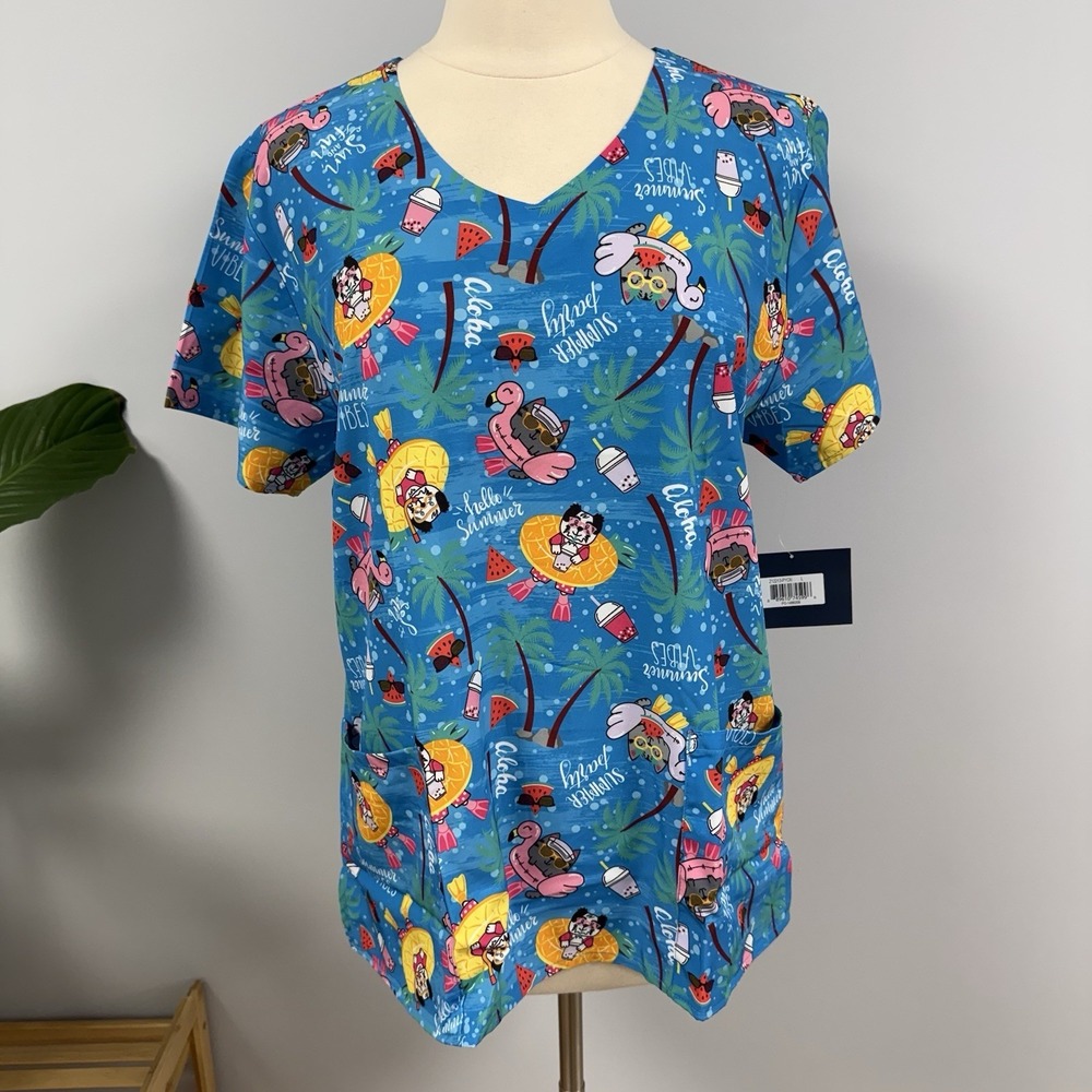 NWT Zoe Chloe Summer Vibes Scrub Top L Beach Party Cats Dogs Novelty Scrubs